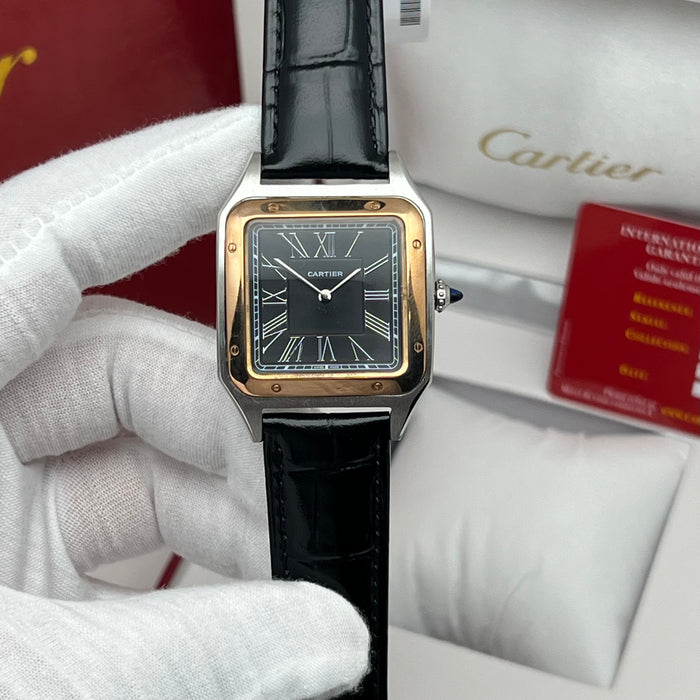 Cartier Ballon Blue De Cratier Santos Style Two-Tone Watch – Black Dial Gold & Silver Luxury Leather