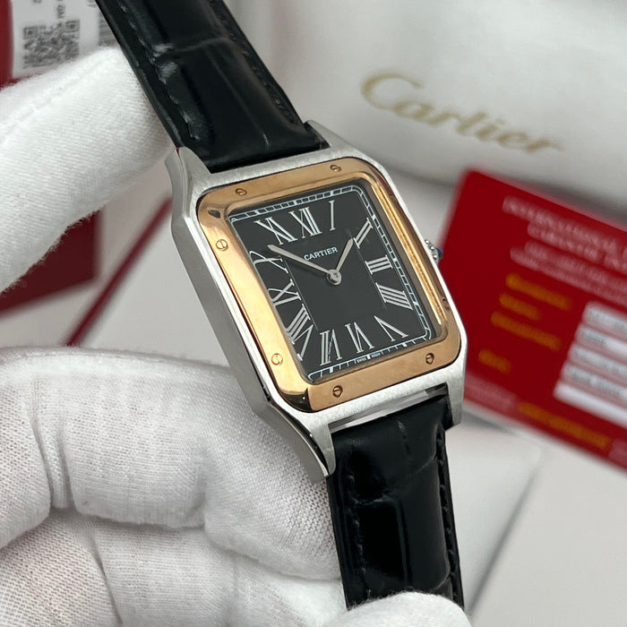 Cartier Ballon Blue De Cratier Santos Style Two-Tone Watch – Black Dial Gold & Silver Luxury Leather