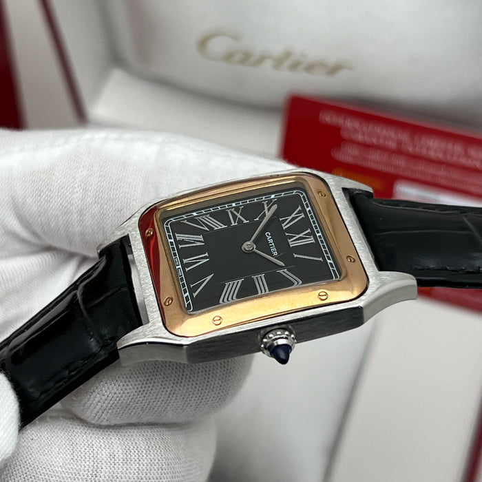 Cartier Ballon Blue De Cratier Santos Style Two-Tone Watch – Black Dial Gold & Silver Luxury Leather