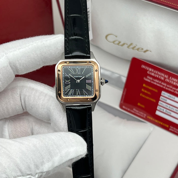 Cartier Ballon Blue De Cratier Santos Style Two-Tone Watch – Black Dial Gold & Silver Luxury Leather