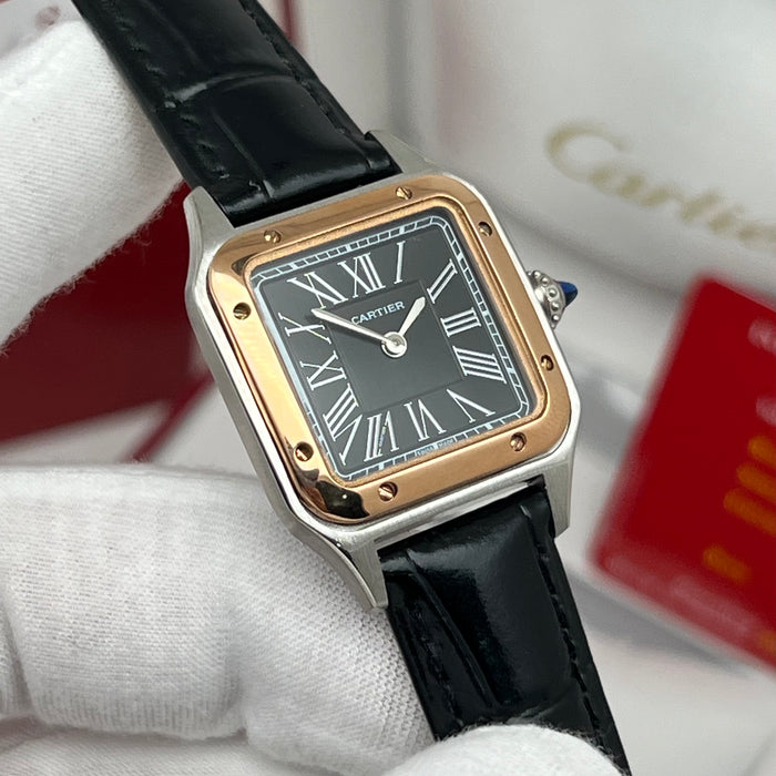 Cartier Ballon Blue De Cratier Santos Style Two-Tone Watch – Black Dial Gold & Silver Luxury Leather