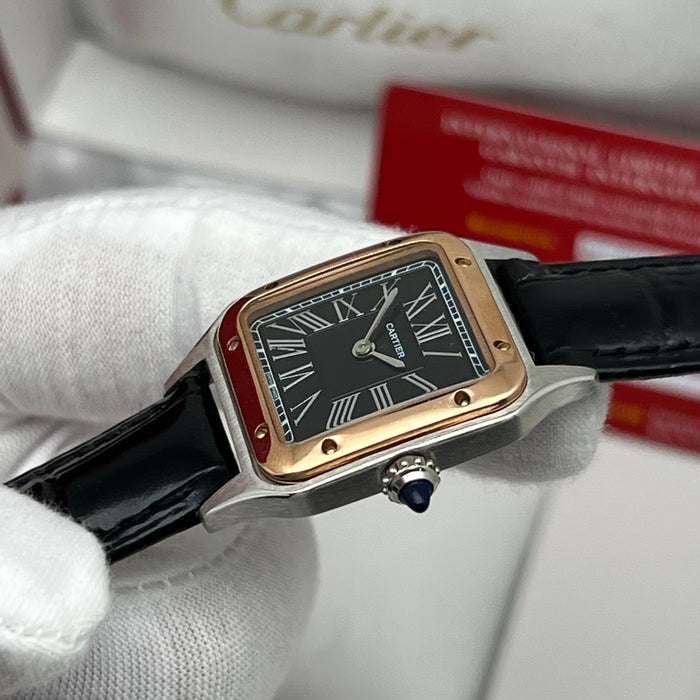Cartier Ballon Blue De Cratier Santos Style Two-Tone Watch – Black Dial Gold & Silver Luxury Leather