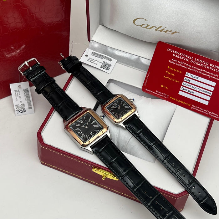 Cartier Ballon Blue De Cratier Santos Style Two-Tone Watch – Black Dial Gold & Silver Luxury Leather