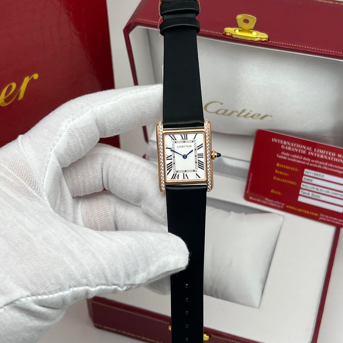Cartier Tank Style Rose Gold Watch 25MM-22MM – Classic Rectangular Women’s Leather Strap Timepiece
