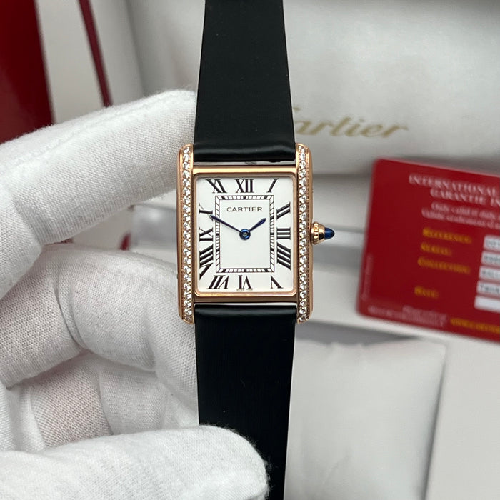 Cartier Tank Style Rose Gold Watch 25MM-22MM – Classic Rectangular Women’s Leather Strap Timepiece