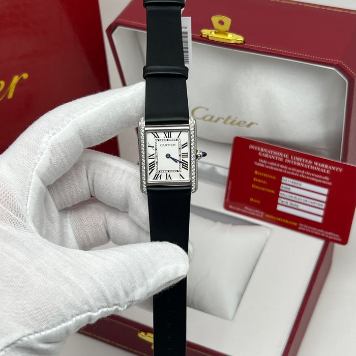 Cartier Tank Style Diamond Bezel Silver Watch – Elegant Rectangular Women’s Black Leather