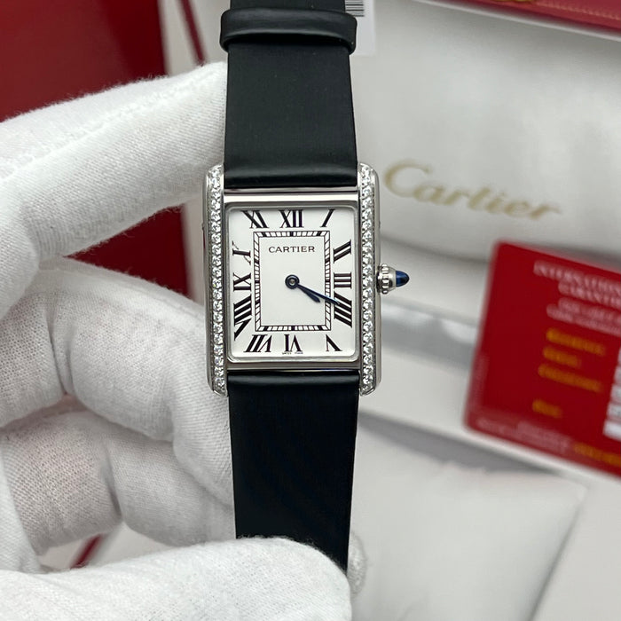 Cartier Tank Style Diamond Bezel Silver Watch – Elegant Rectangular Women’s Black Leather