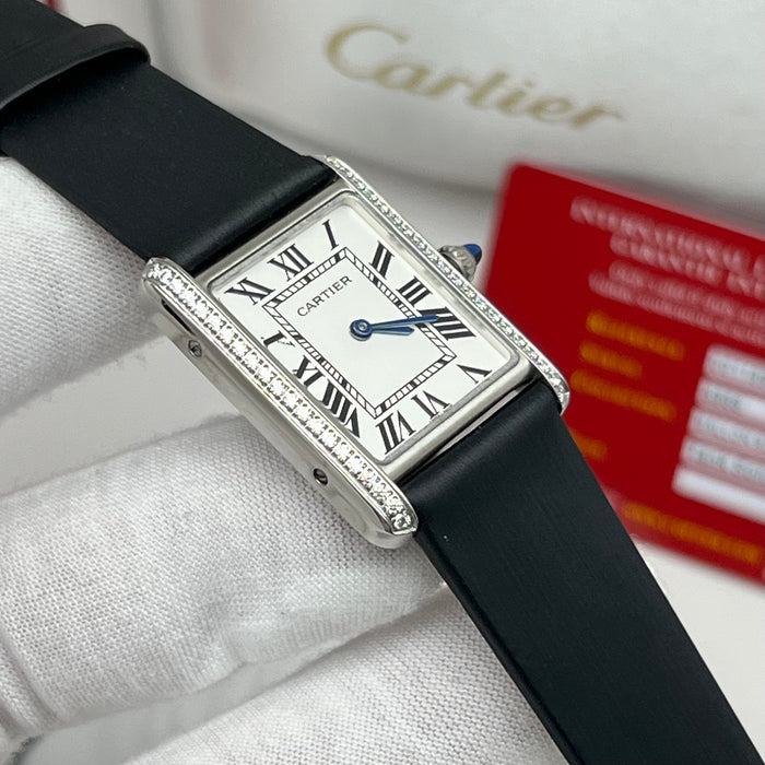 Cartier Tank Style Diamond Bezel Silver Watch – Elegant Rectangular Women’s Black Leather