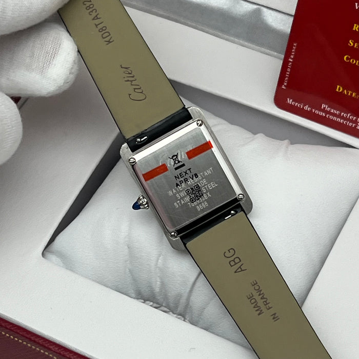 Cartier Tank Style Diamond Bezel Silver Watch – Elegant Rectangular Women’s Black Leather