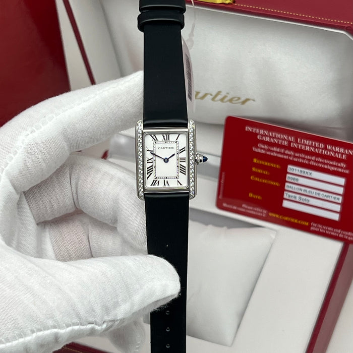 Cartier Tank Style Diamond Bezel Silver Watch – Elegant Rectangular Women’s Black Leather