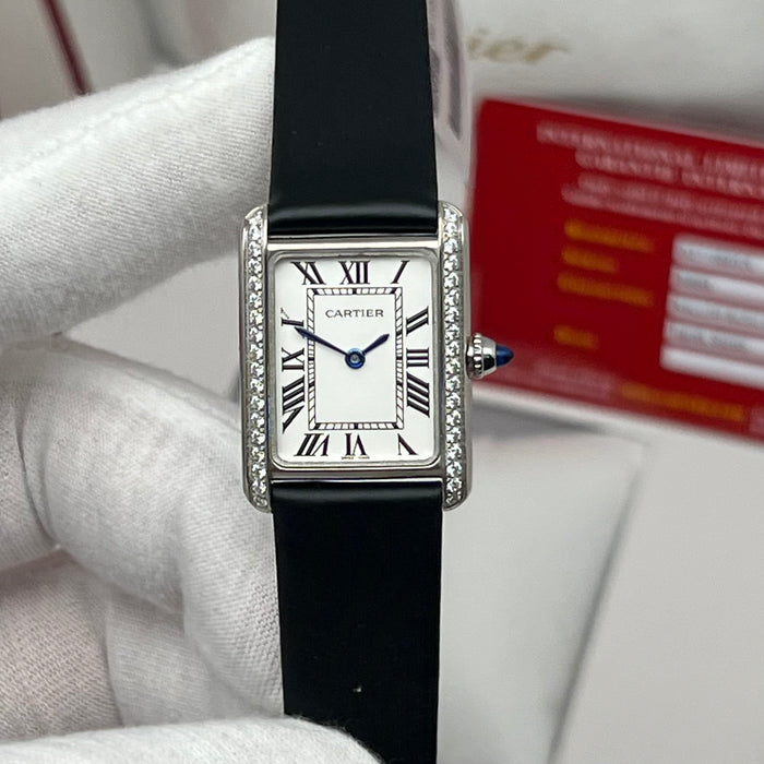 Cartier Tank Style Diamond Bezel Silver Watch – Elegant Rectangular Women’s Black Leather
