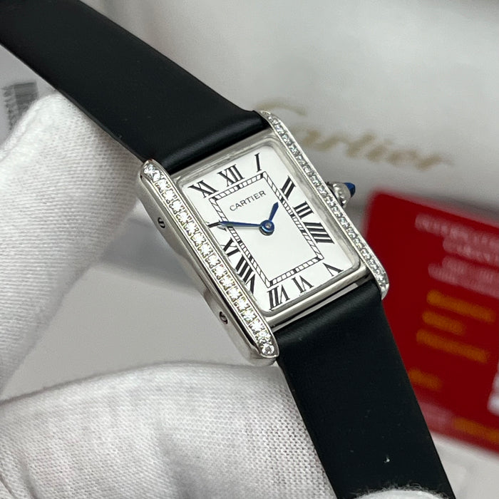 Cartier Tank Style Diamond Bezel Silver Watch – Elegant Rectangular Women’s Black Leather