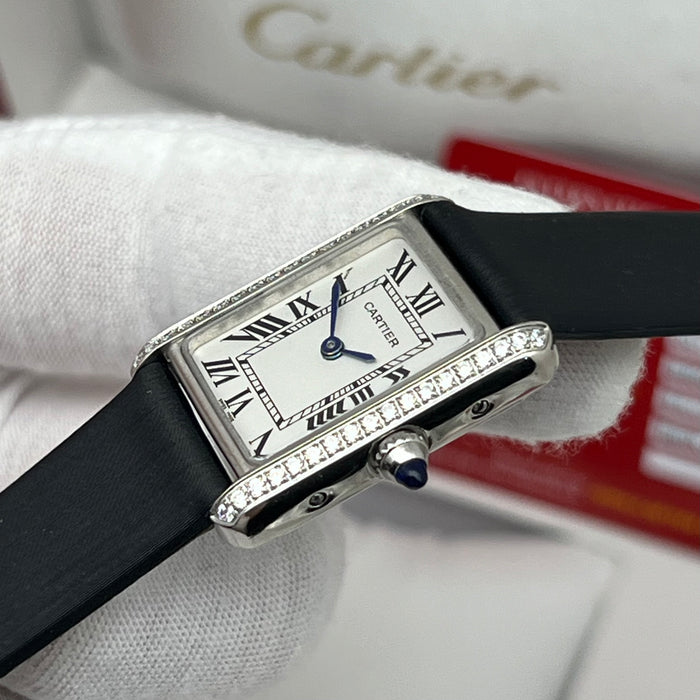 Cartier Tank Style Diamond Bezel Silver Watch – Elegant Rectangular Women’s Black Leather