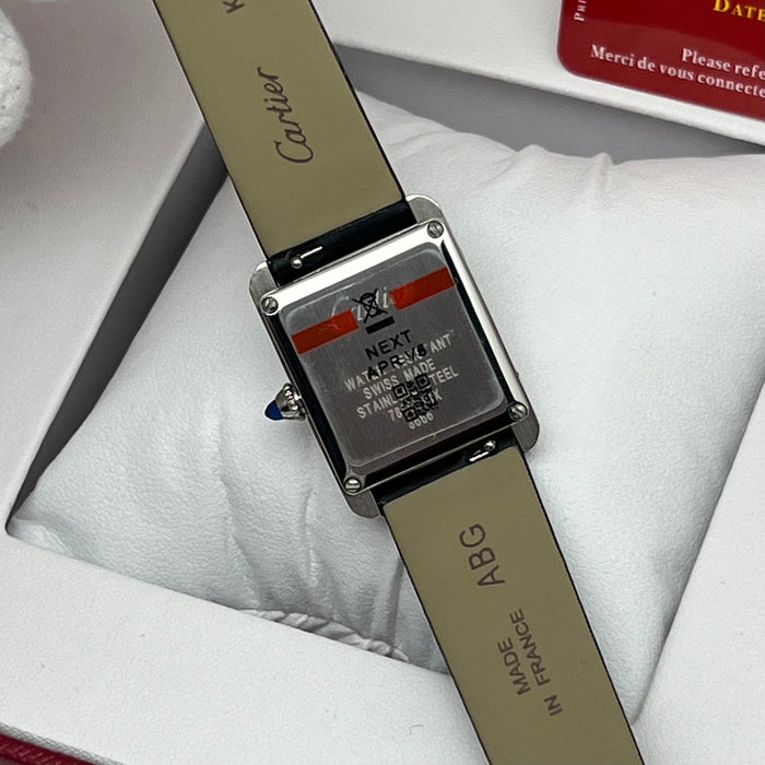 Cartier Tank Style Diamond Bezel Silver Watch – Elegant Rectangular Women’s Black Leather