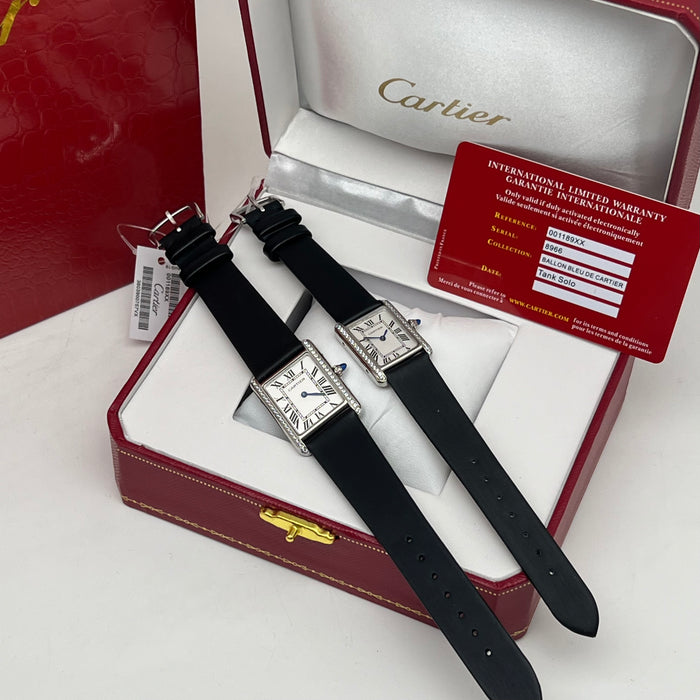 Cartier Tank Style Diamond Bezel Silver Watch – Elegant Rectangular Women’s Black Leather