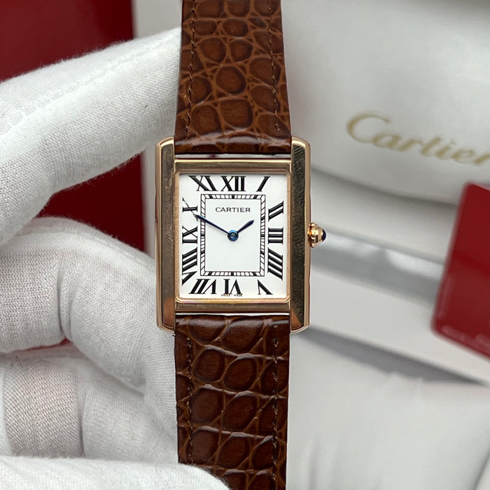 Cartier Tank Style Rose Gold Watch 25MM – Brown Crocodile Leather Strap Classic