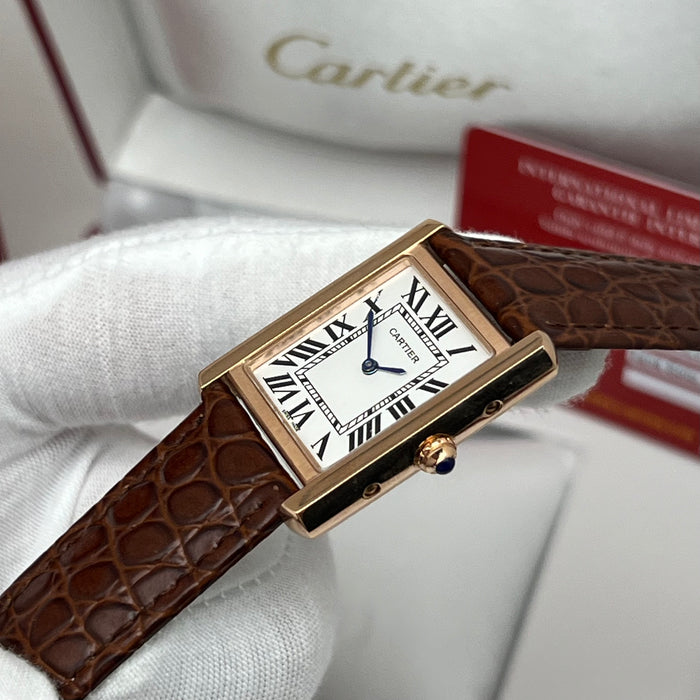 Cartier Tank Style Rose Gold Watch 25MM – Brown Crocodile Leather Strap Classic