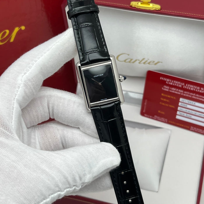 Cartier Tank Must Black Dial Stainless Steel 33MM – Black Leather Strap Swiss Quartz Watch