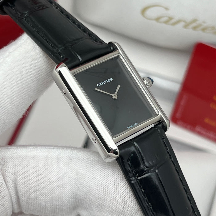 Cartier Tank Must Black Dial Stainless Steel 33MM – Black Leather Strap Swiss Quartz Watch