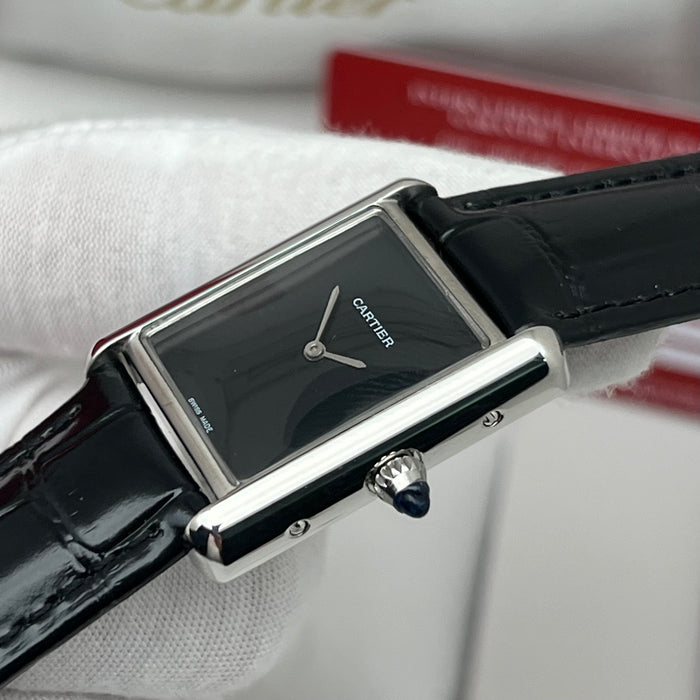 Cartier Tank Must Black Dial Stainless Steel 33MM – Black Leather Strap Swiss Quartz Watch