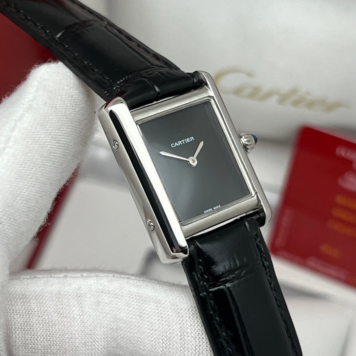 Cartier Tank Must Black Dial Stainless Steel 33MM – Black Leather Strap Swiss Quartz Watch