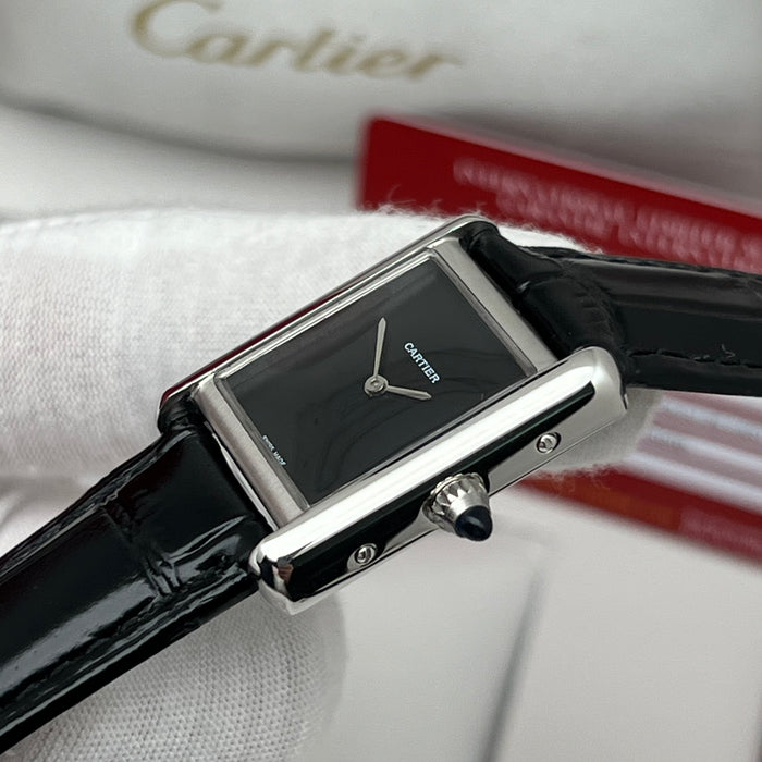 Cartier Tank Must Black Dial Stainless Steel 33MM – Black Leather Strap Swiss Quartz Watch