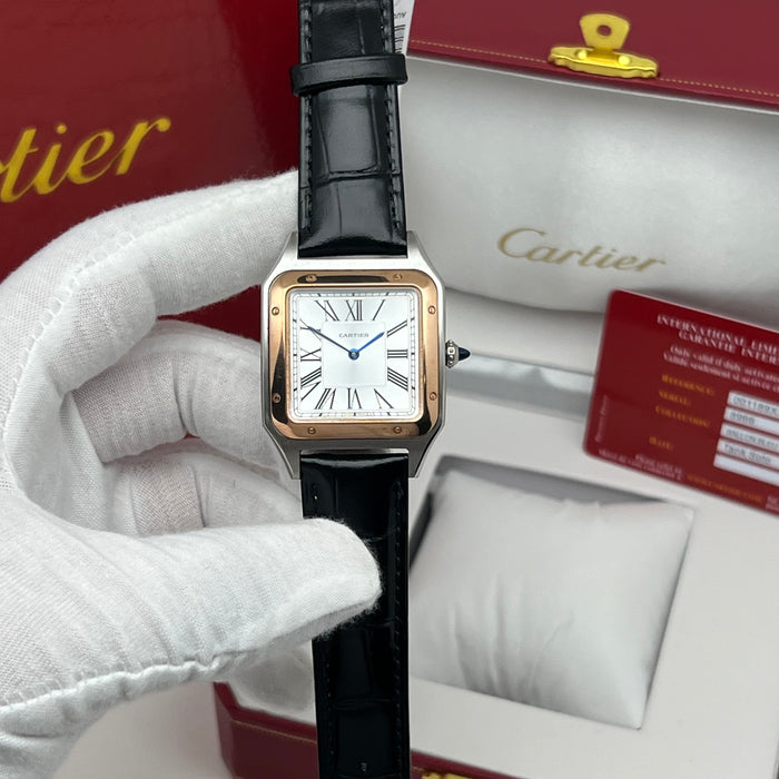 Cartier Santos Two-Tone Steel & Rose Gold – White Dial Black Leather Luxury Watch