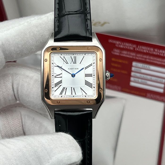 Cartier Santos Two-Tone Steel & Rose Gold – White Dial Black Leather Luxury Watch