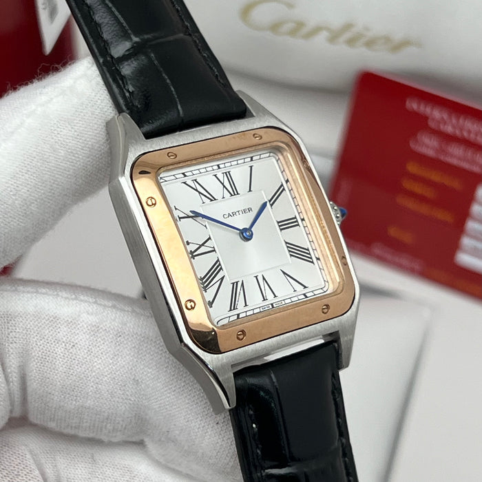 Cartier Santos Two-Tone Steel & Rose Gold – White Dial Black Leather Luxury Watch