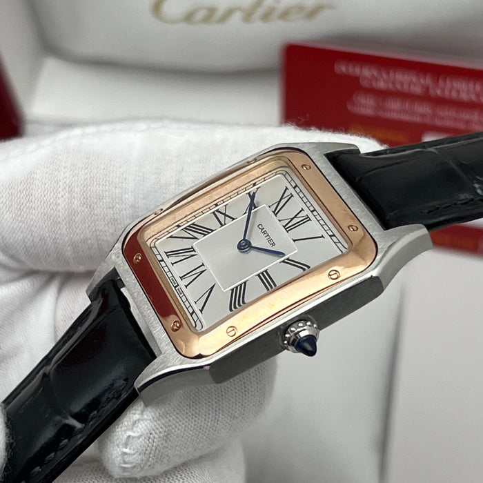 Cartier Santos Two-Tone Steel & Rose Gold – White Dial Black Leather Luxury Watch