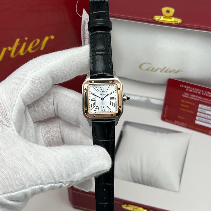 Cartier Santos Two-Tone Steel & Rose Gold – White Dial Black Leather Luxury Watch