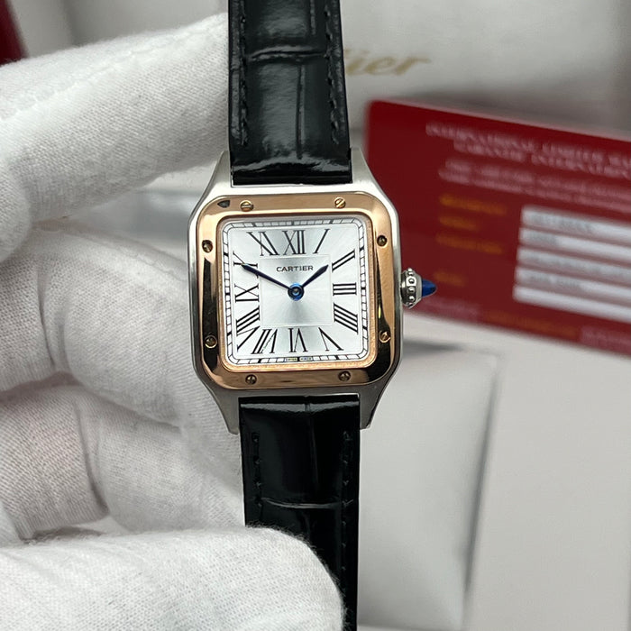 Cartier Santos Two-Tone Steel & Rose Gold – White Dial Black Leather Luxury Watch