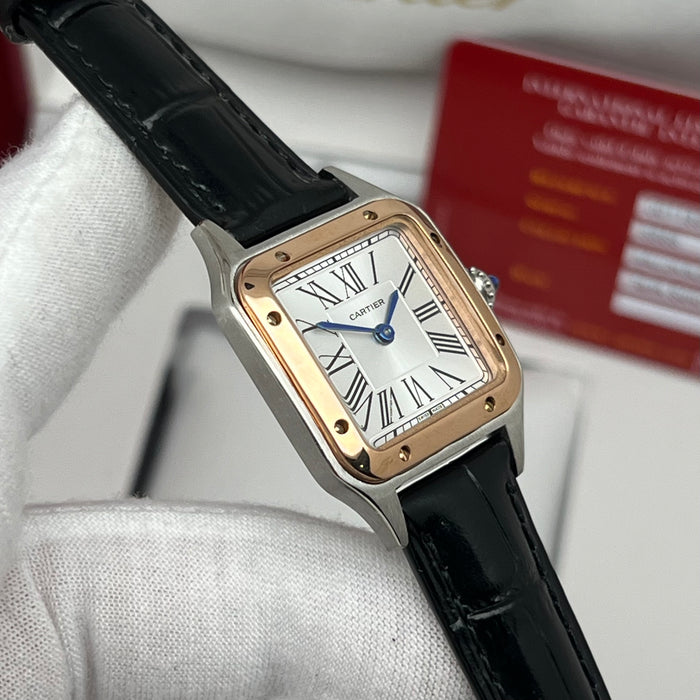 Cartier Santos Two-Tone Steel & Rose Gold – White Dial Black Leather Luxury Watch