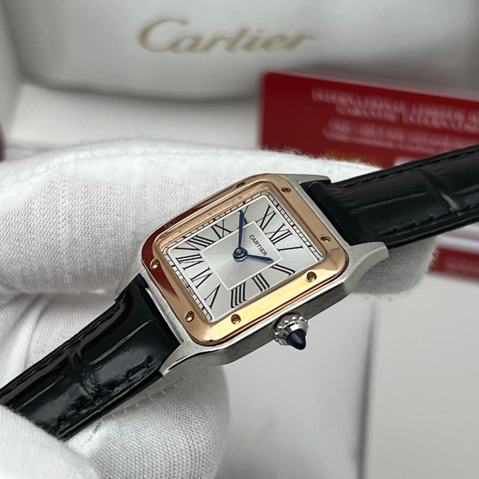 Cartier Santos Two-Tone Steel & Rose Gold – White Dial Black Leather Luxury Watch