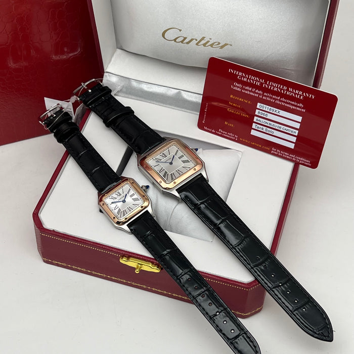 Cartier Santos Two-Tone Steel & Rose Gold – White Dial Black Leather Luxury Watch