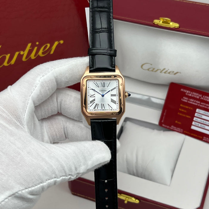 Cartier Santos Couple Set Two-Tone Rose Gold & Steel – His & Hers Black Leather Luxury Watches