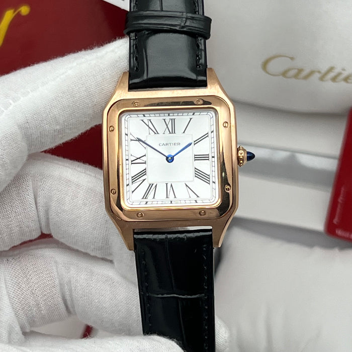 Cartier Santos Couple Set Two-Tone Rose Gold & Steel – His & Hers Black Leather Luxury Watches