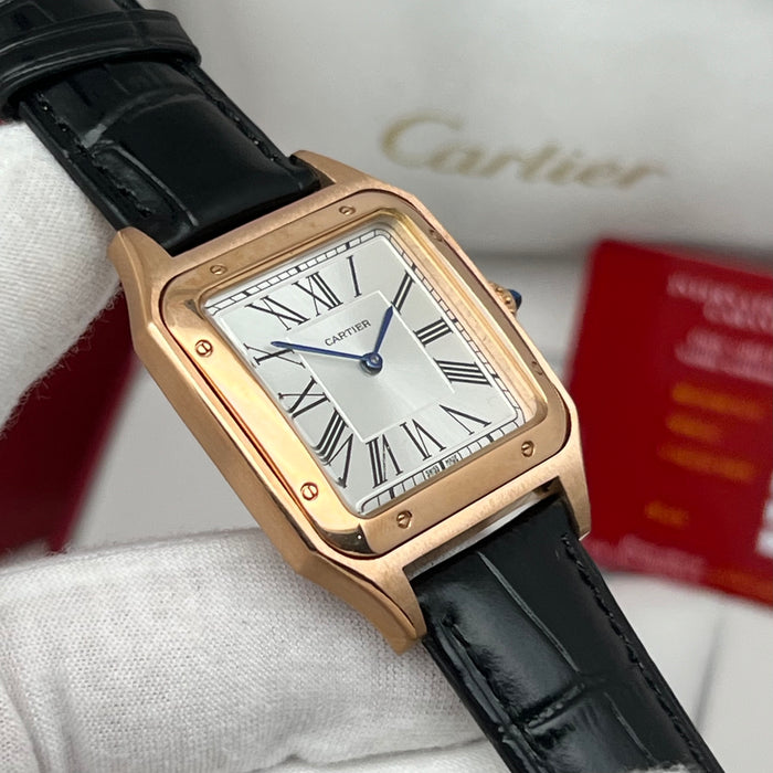 Cartier Santos Couple Set Two-Tone Rose Gold & Steel – His & Hers Black Leather Luxury Watches