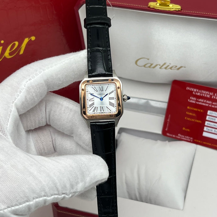 Cartier Santos Couple Set Two-Tone Rose Gold & Steel – His & Hers Black Leather Luxury Watches