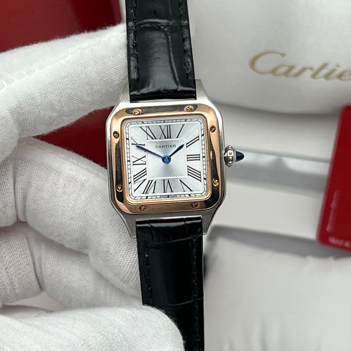 Cartier Santos Couple Set Two-Tone Rose Gold & Steel – His & Hers Black Leather Luxury Watches
