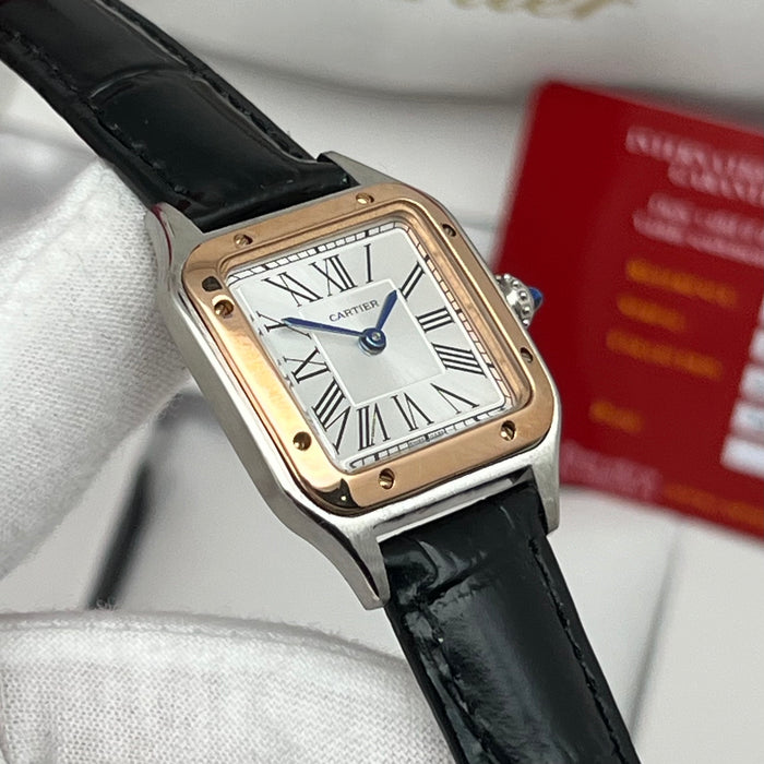 Cartier Santos Couple Set Two-Tone Rose Gold & Steel – His & Hers Black Leather Luxury Watches