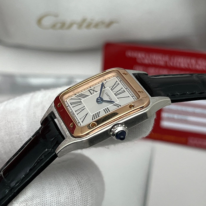 Cartier Santos Couple Set Two-Tone Rose Gold & Steel – His & Hers Black Leather Luxury Watches