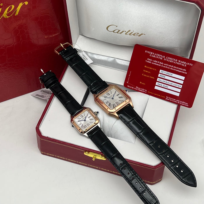Cartier Santos Couple Set Two-Tone Rose Gold & Steel – His & Hers Black Leather Luxury Watches