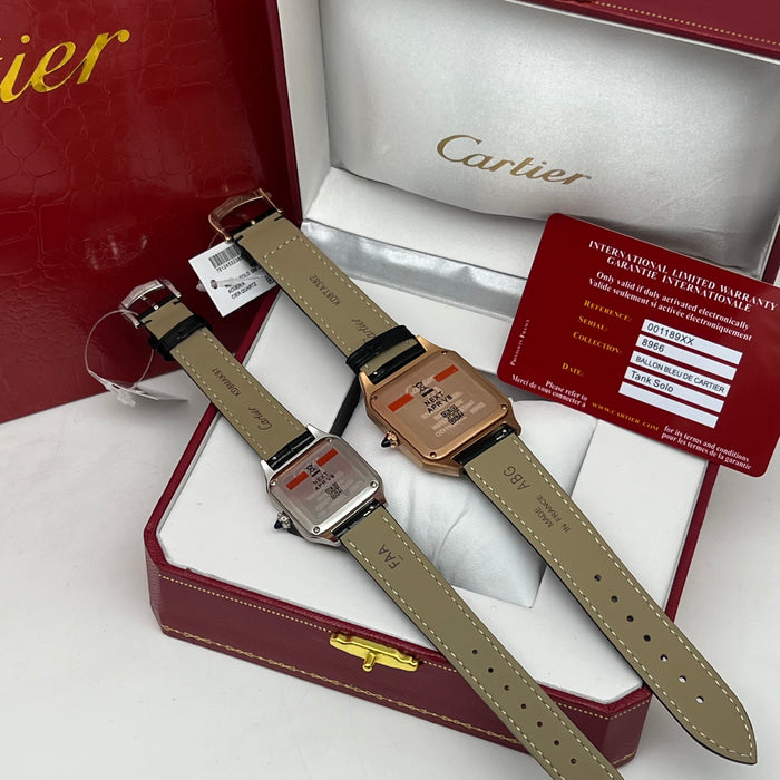 Cartier Santos Couple Set Two-Tone Rose Gold & Steel – His & Hers Black Leather Luxury Watches