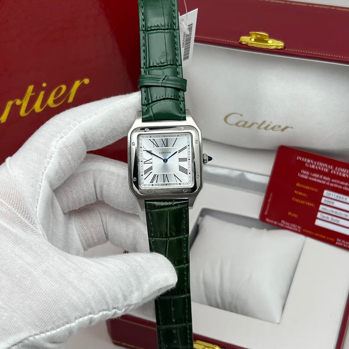 Cartier Santos Stainless Steel White Dial 40MM – Green Leather Strap Luxury Watch