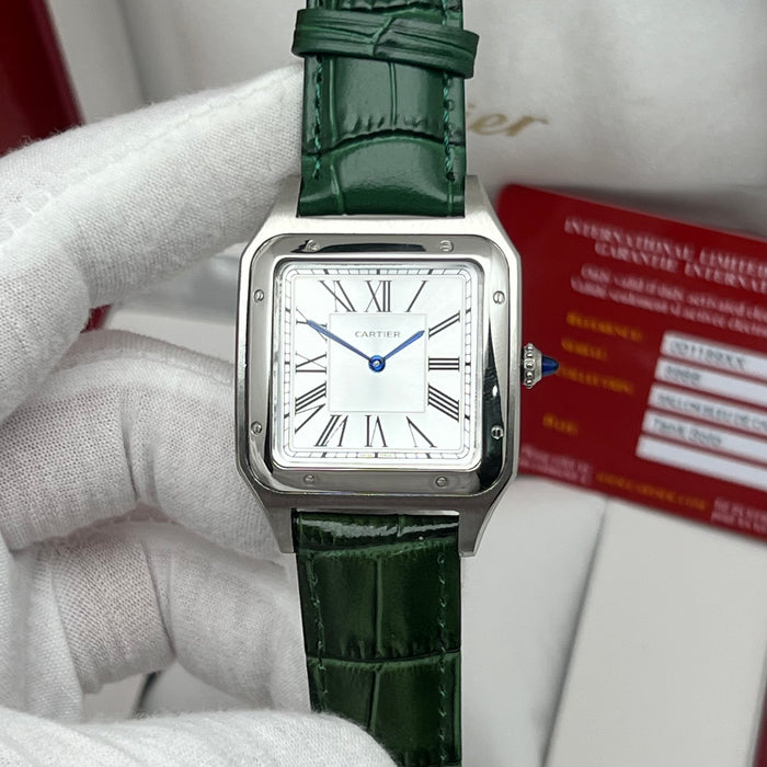 Cartier Santos Stainless Steel White Dial 40MM – Green Leather Strap Luxury Watch