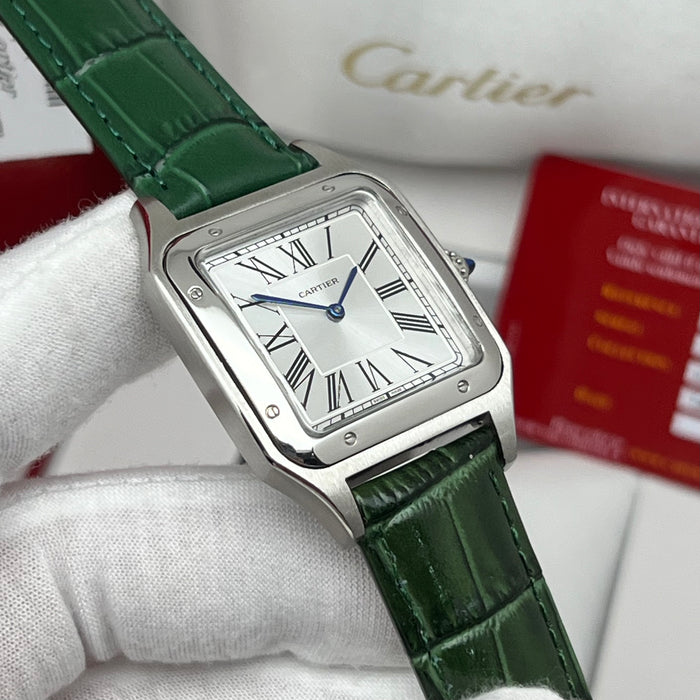 Cartier Santos Stainless Steel White Dial 40MM – Green Leather Strap Luxury Watch