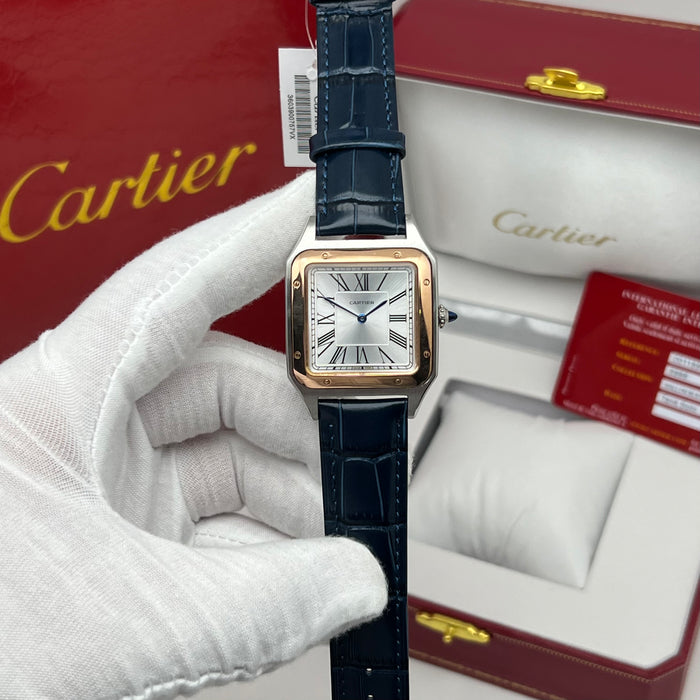 Cartier Santos Couple Set Two-Tone Rose Gold & Steel – Blue Leather Strap His & Hers