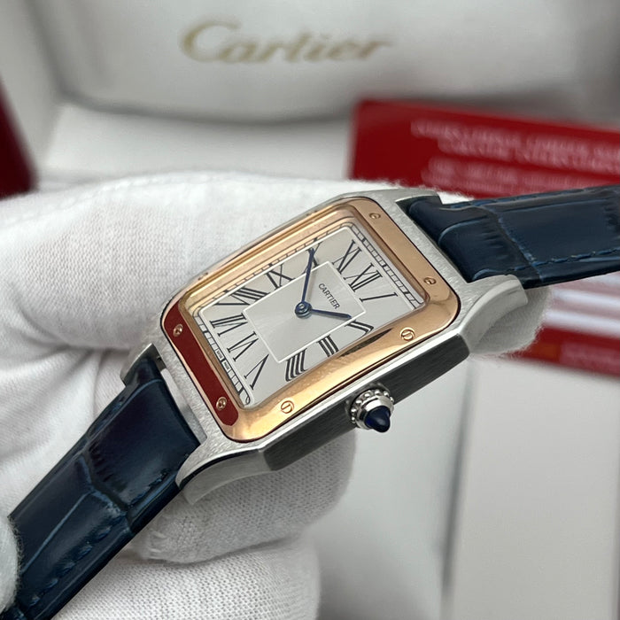 Cartier Santos Couple Set Two-Tone Rose Gold & Steel – Blue Leather Strap His & Hers