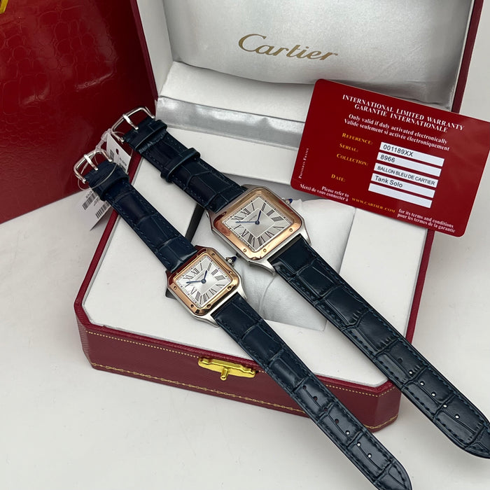 Cartier Santos Couple Set Two-Tone Rose Gold & Steel – Blue Leather Strap His & Hers
